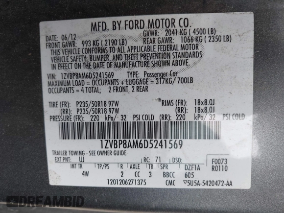 2013 Ford Mustang V6 with VIN 1ZVBP8AM6D5241569, listed as a IAAI auction lot 41884583 with 100,700 mi miles. Bid and sale history available at carsss.com. Image 9.