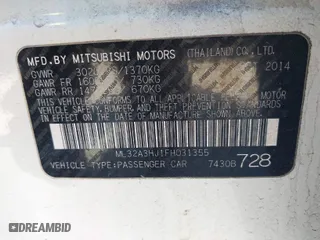 2015 Mitsubishi Mirage DE with VIN ML32A3HJ1FH031355, listed as a IAAI auction lot 41747772 with 96,234 mi miles. Bid and sale history available at carsss.com. Image 9.