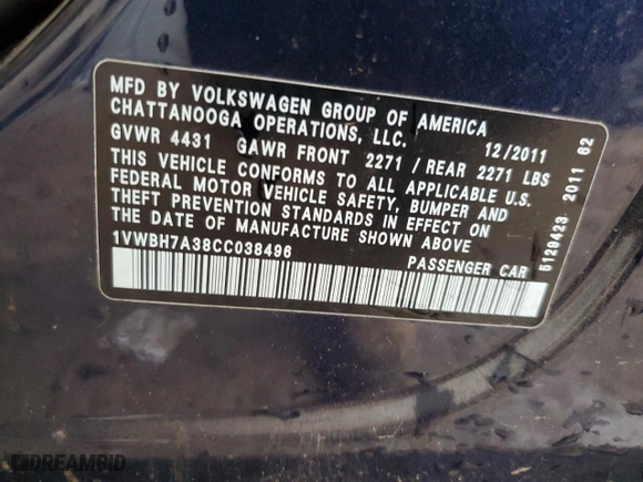 2012 Volkswagen Passat SE w/Sunroof with VIN 1VWBH7A38CC038496, listed as a Copart auction lot 52283855 with 180,425 mi miles and Clean Title. Bid and sale history available at carsss.com. Image 12.