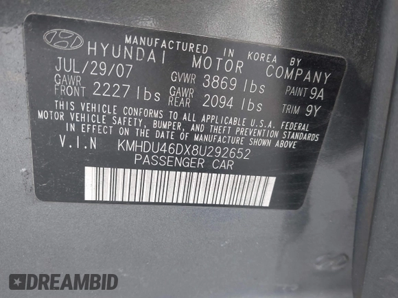 2008 Hyundai Elantra GLS with VIN KMHDU46DX8U292652, listed as a IAAI auction lot 42367957 with 268,856 mi miles and . Bid and sale history available at DreamBid. Image 9.