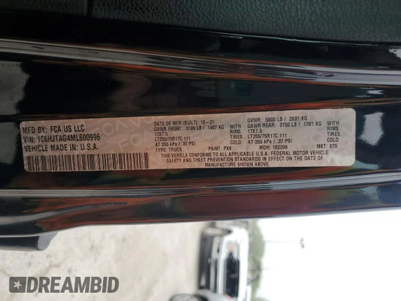 2021 Jeep Gladiator Willys z VIN 1C6HJTAG4ML600996, wystawiony jako Copart lot #59465435 z przebiegiem 62 574 mil mil oraz Szkoda całkowita • Salvage title. Historia ofert i sprzedaży dostępna na DreamBid. Obrazek 13.