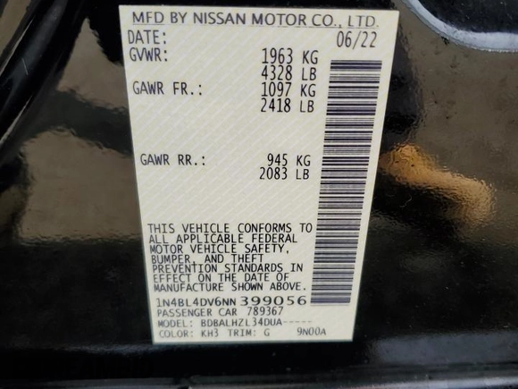 2022 Nissan Altima 2.5 SV with VIN 1N4BL4DV6NN399056, listed as a Copart auction lot 49511615 with 21,413 mi miles and Salvage Title. Bid and sale history available at carsss.com. Image 12.