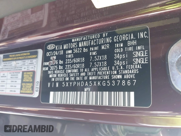 2019 Kia Sorento EX with VIN 5XYPHDA5XKG537867, listed as a IAAI auction lot 42290124 with 44,037 mi miles and . Bid and sale history available at DreamBid. Image 9.