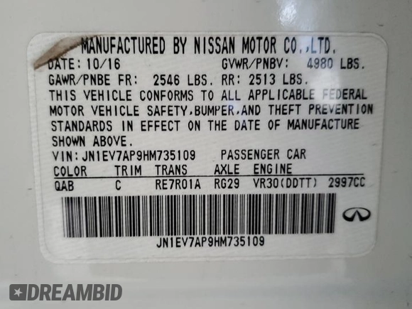 2017 Infiniti Q50 Premium with VIN JN1EV7AP9HM735109, listed as a Copart auction lot 51840745 with 95,507 mi miles and Salvage Title. Bid and sale history available at DreamBid. Image 13.