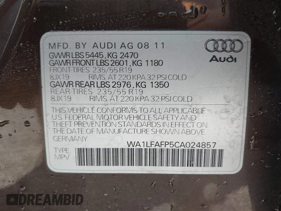 2012 Audi Q5 2.0T Premium Plus with VIN WA1LFAFP5CA024857, listed as a IAAI auction lot 42016833 with 141,144 mi miles. Bid and sale history available at carsss.com. Image 9.