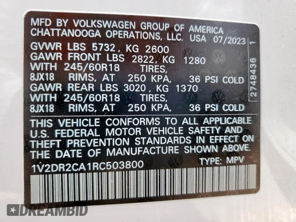 2024 Volkswagen Atlas SE с VIN 1V2DR2CA1RC503800, выставлен на аукционе Copart как лот 58160815 с пробегом 11 278 миль миль и Списание • Salvage title. История ставок и продаж доступна на DreamBid. Изображение 14.