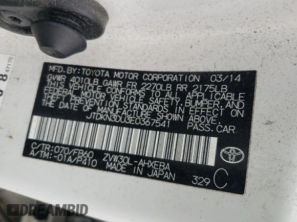 2014 Toyota Prius Four with VIN JTDKN3DU3E0367541, listed as a Copart auction lot 63317515 with 196,012 mi miles and Salvage title. Bid and sale history available at DreamBid. Image 14.