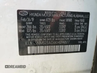 2019 Hyundai Santa Fe SE z VIN 5NMS23AD6KH094877, wystawiony jako Copart lot #58209485 z przebiegiem 77 142 mil mil oraz Szkoda całkowita • Salvage title. Historia ofert i sprzedaży dostępna na DreamBid. Obrazek 14.