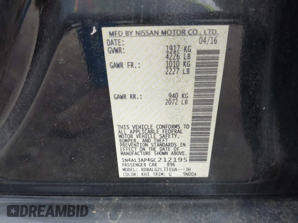 2016 Nissan Altima SR with VIN 1N4AL3AP4GC212195, listed as a IAAI auction lot 42151208 with 73,324 mi miles and . Bid and sale history available at carsss.com. Image 9.
