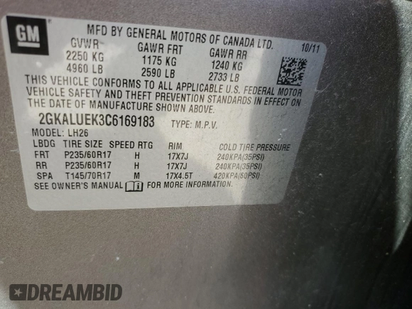 2012 GMC Terrain SLT-1 with VIN 2GKALUEK3C6169183, listed as a Copart auction lot 50394505 with 229,846 mi miles and Salvage Title. Bid and sale history available at carsss.com. Image 12.