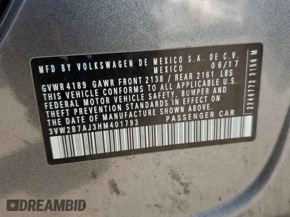 2017 Volkswagen Jetta S z VIN 3VW2B7AJ3HM401793, wystawiony jako Copart lot #65069265 z przebiegiem 85 610 mil mil oraz Szkoda całkowita • Salvage title. Historia ofert i sprzedaży dostępna na DreamBid. Obrazek 12.