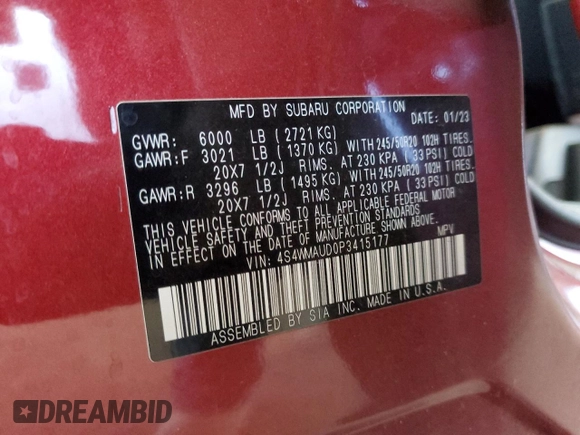2023 Subaru Ascent Limited z VIN 4S4WMAUD0P3415177, wystawiony jako Copart lot #62604745 z przebiegiem Nie podano mil oraz Szkoda całkowita • Salvage title. Historia ofert i sprzedaży dostępna na DreamBid. Obrazek 14.