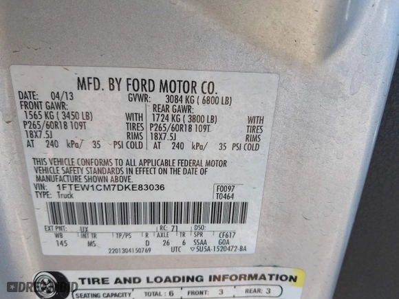 2013 Ford F-150 XL with VIN 1FTEW1CM7DKE83036, listed as a IAAI auction lot 41689787 with 232,049 mi miles. Bid and sale history available at carsss.com. Image 9.