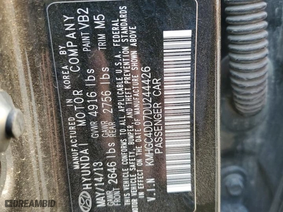 2013 Hyundai Genesis 3.8L with VIN KMHGC4DD7DU244426, listed as a Copart auction lot 52428975 with 138,692 mi miles and Salvage Title. Bid and sale history available at carsss.com. Image 12.