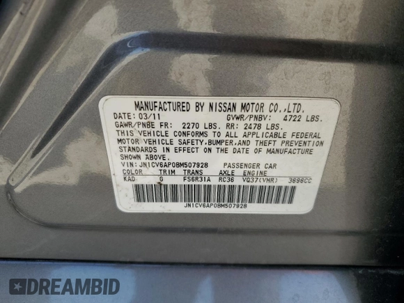2011 Infiniti G37 Sedan Journey with VIN JN1CV6AP0BM507928, listed as a Copart auction lot 50800205 with Not Provided miles and Salvage Title. Bid and sale history available at carsss.com. Image 13.