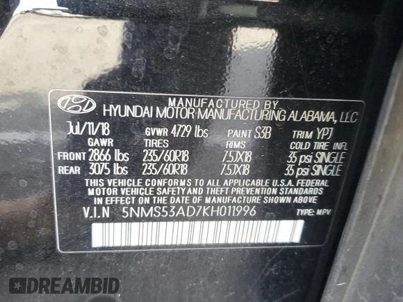 2019 Hyundai Santa Fe Limited with VIN 5NMS53AD7KH011996, listed as a Copart auction lot 85610324 with 66,729 mi miles and Salvage Title. Bid and sale history available at carsss.com. Image 13.