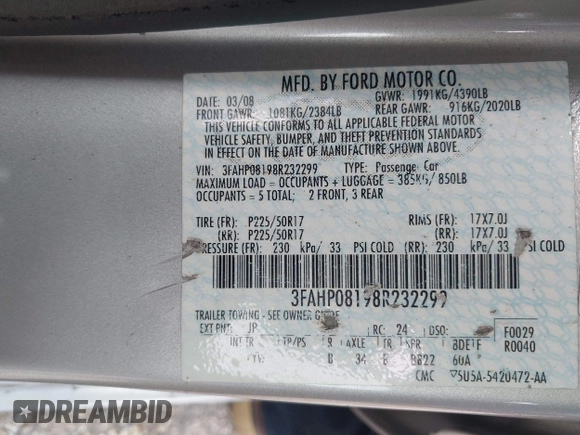 2008 Ford Fusion SEL with VIN 3FAHP08198R232299, listed as a IAAI auction lot 41932153 with 191,011 mi miles. Bid and sale history available at carsss.com. Image 9.