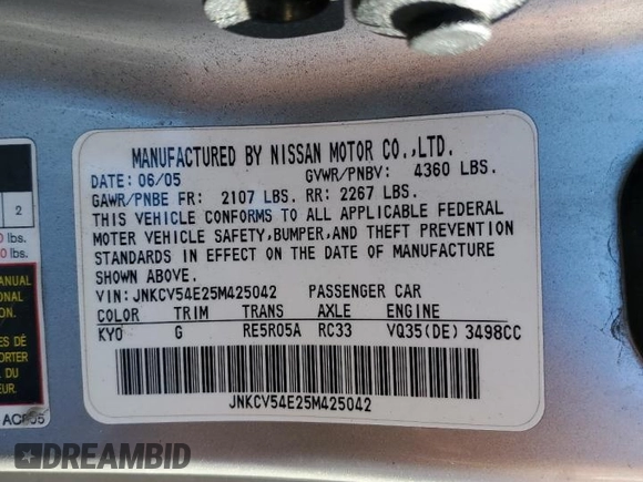 2005 Infiniti G35 Coupe with VIN JNKCV54E25M425042, listed as a Copart auction lot 80864094 with 153,801 mi miles and Salvage Title. Bid and sale history available at carsss.com. Image 12.