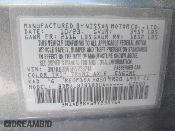 2024 Nissan Sentra S with VIN 3N1AB8BV5RY238714, listed as a IAAI auction lot 41802555 with 40,165 mi miles and . Bid and sale history available at DreamBid. Image 9.