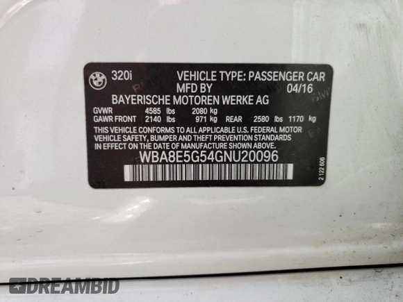 2016 BMW 3 Series 320i xDrive with VIN WBA8E5G54GNU20096, listed as a Copart auction lot 50977005 with 79,357 mi miles and Salvage Title. Bid and sale history available at carsss.com. Image 12.