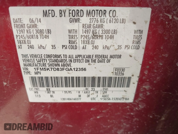 2015 Ford Explorer XLT with VIN 1FM5K7D83FGA12356, listed as a IAAI auction lot 42005845 with 146,196 mi miles and . Bid and sale history available at carsss.com. Image 9.