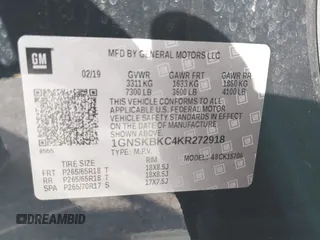 2019 Chevrolet Tahoe LT с VIN 1GNSKBKC4KR272918, выставлен на аукционе IAAI как лот 41322220 с пробегом 186 883 миль миль и . История ставок и продаж доступна на DreamBid. Изображение 9.