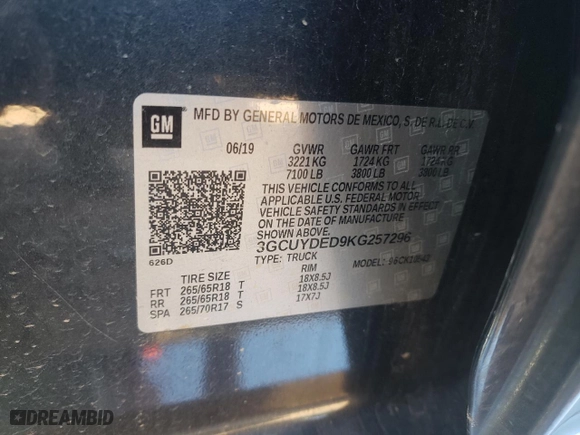 2019 Chevrolet Silverado 1500 LT with VIN 3GCUYDED9KG257296, listed as a Copart auction lot 49229695 with 0 mi miles and Salvage Title. Bid and sale history available at carsss.com. Image 14.