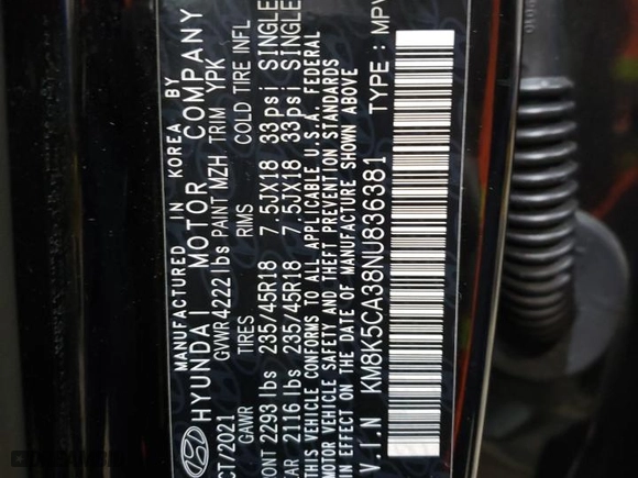 2022 Hyundai Kona Limited with VIN KM8K5CA38NU836381, listed as a Copart auction lot 87844135 with 43,974 mi miles and Salvage Title. Bid and sale history available at carsss.com. Image 15.