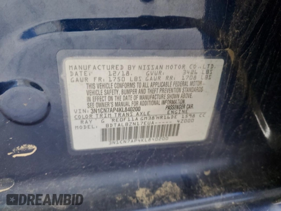2019 Nissan Versa SV with VIN 3N1CN7AP4KL840200, listed as a Copart auction lot 57966435 with 89,211 mi miles and Salvage title. Bid and sale history available at DreamBid. Image 12.