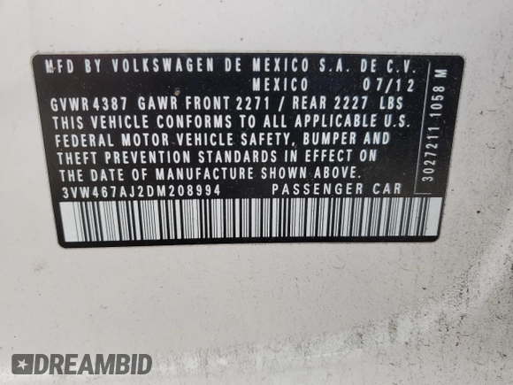 2013 Volkswagen Jetta GLI Autobahn с VIN 3VW467AJ2DM208994, выставлен на аукционе Copart как лот 67785464 с пробегом Не указан миль и Списание • Salvage title. История ставок и продаж доступна на DreamBid. Изображение 14.