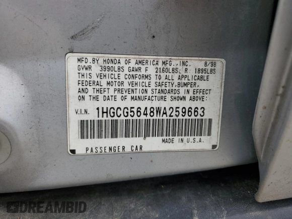 1998 Honda Accord LX z VIN 1HGCG5648WA259663, wystawiony jako Copart lot #55341505 z przebiegiem 205 257 mil mil oraz Szkoda całkowita • Salvage title. Historia ofert i sprzedaży dostępna na DreamBid. Obrazek 13.