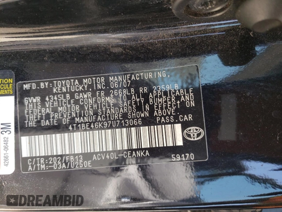 2007 Toyota Camry CE with VIN 4T1BE46K97U713066, listed as a Copart auction lot 64610614 with 161,702 mi miles and Salvage Title. Bid and sale history available at DreamBid. Image 12.