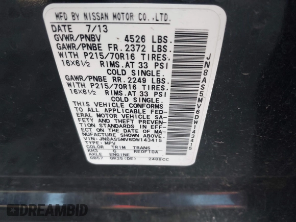 2013 Nissan Rogue SL with VIN JN8AS5MV6DW143415, listed as a IAAI auction lot 42047307 with 77,433 mi miles and . Bid and sale history available at DreamBid. Image 9.