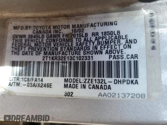 2003 Toyota Matrix Std z VIN 2T1KR32E13C102331, wystawiony jako Copart lot #45117795 z przebiegiem 190 518 mil mil oraz Czysty tytuł • Clean title. Historia ofert i sprzedaży dostępna na DreamBid. Obrazek 12.