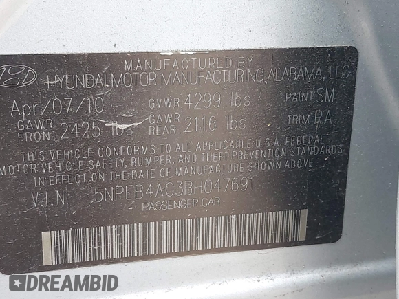 2011 Hyundai Sonata GLS with VIN 5NPEB4AC3BH047691, listed as a IAAI auction lot 42140930 with 99,696 mi miles and . Bid and sale history available at carsss.com. Image 9.