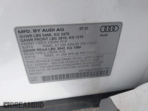 2018 Audi Q5 Premium Plus z VIN WA1BNAFY4J2221775, wystawiony jako IAAI lot #41263161 z przebiegiem 80 892 mil mil oraz . Historia ofert i sprzedaży dostępna na DreamBid. Obrazek 9.