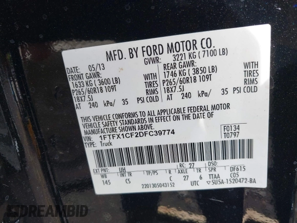 2013 Ford F-150 XL z VIN 1FTFX1CF2DFC39774, wystawiony jako IAAI lot #42330748 z przebiegiem 142 135 mil mil oraz . Historia ofert i sprzedaży dostępna na DreamBid. Obrazek 9.