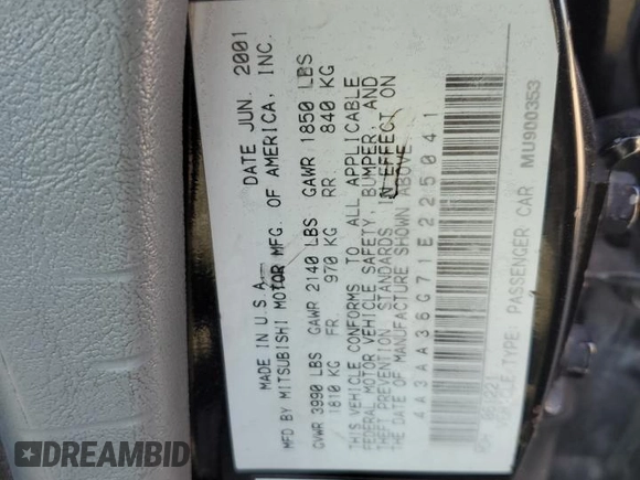 2001 Mitsubishi Galant with VIN 4A3AA36G71E225041, listed as a Copart auction lot 65533864 with 256,187 mi miles and Salvage Title. Bid and sale history available at DreamBid. Image 15.