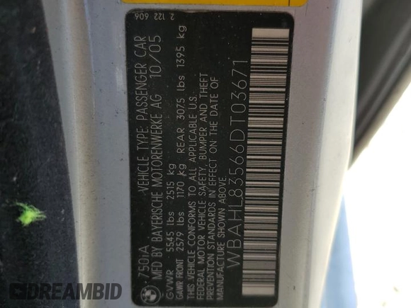 2006 BMW 7 Series 750i with VIN WBAHL83566DT03671, listed as a Copart auction lot 64324505 with 154,418 mi miles and Clean title. Bid and sale history available at DreamBid. Image 12.