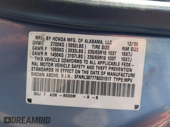2007 Honda Odyssey EX-L with VIN 5FNRL38777B031517, listed as a IAAI auction lot 41850635 with 287,941 mi miles. Bid and sale history available at carsss.com. Image 9.