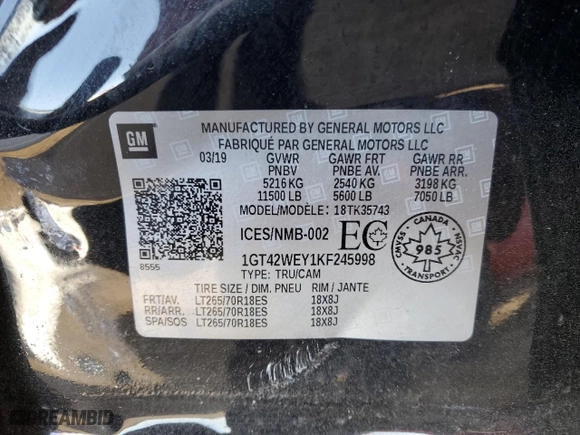 2019 GMC Sierra 3500HD Denali with VIN 1GT42WEY1KF245998, listed as a Copart auction lot 81811094 with 0 mi miles and Salvage Title. Bid and sale history available at carsss.com. Image 12.