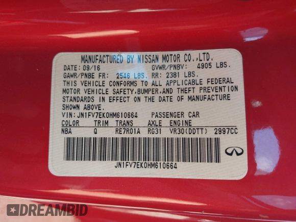 2017 Infiniti Q60 Red Sport 400 with VIN JN1FV7EK0HM610664, listed as a IAAI auction lot 40728910 with 89,817 mi miles and . Bid and sale history available at carsss.com. Image 9.