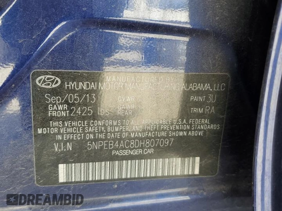 2013 Hyundai Sonata GLS with VIN 5NPEB4AC8DH807097, listed as a Copart auction lot 48668755 with 105,092 mi miles and Salvage Title. Bid and sale history available at DreamBid. Image 15.