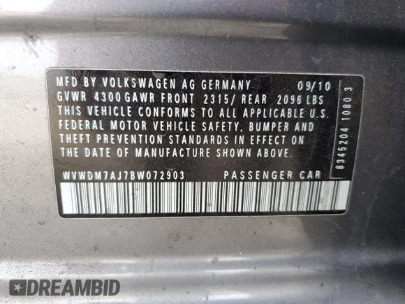 2011 Volkswagen Golf TDI with VIN WVWDM7AJ7BW072903, listed as a Copart auction lot 87343824 with 184,360 mi miles and Salvage title. Bid and sale history available at DreamBid. Image 14.