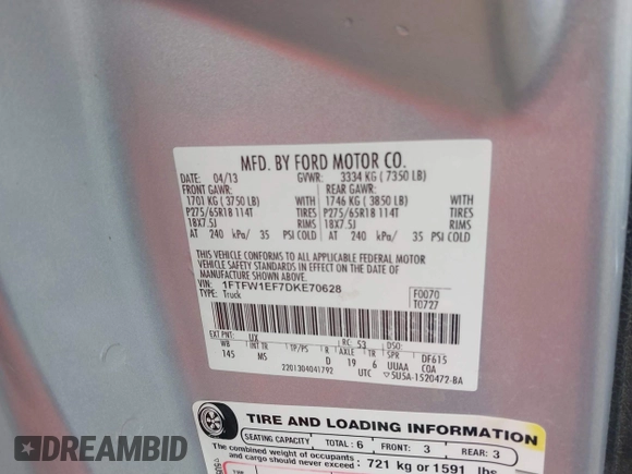 2013 Ford F-150 XL with VIN 1FTFW1EF7DKE70628, listed as a IAAI auction lot 42115322 with 246,593 mi miles and . Bid and sale history available at DreamBid. Image 9.
