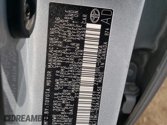 2006 Toyota Corolla CE with VIN 2T1BR30EX6C663148, listed as a Copart auction lot 54101895 with 103,247 mi miles and Salvage Title. Bid and sale history available at DreamBid. Image 12.
