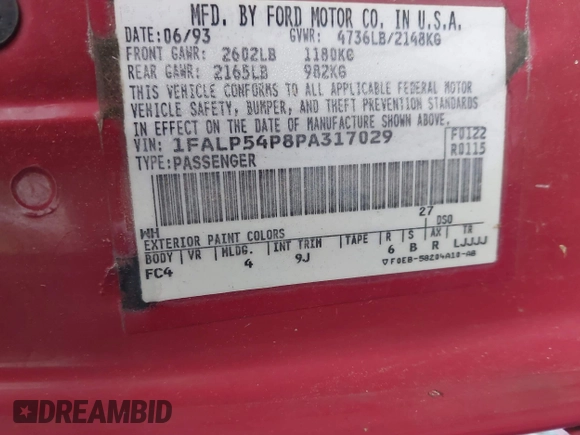 1993 Ford Taurus with VIN 1FALP54P8PA317029, listed as a IAAI auction lot 42762053 with 157,665 mi miles and . Bid and sale history available at DreamBid. Image 9.
