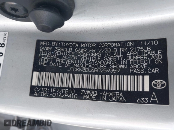 2011 Toyota Prius I with VIN JTDKN3DU6B0259359, listed as a IAAI auction lot 41450726 with 205,712 mi miles and . Bid and sale history available at DreamBid. Image 9.