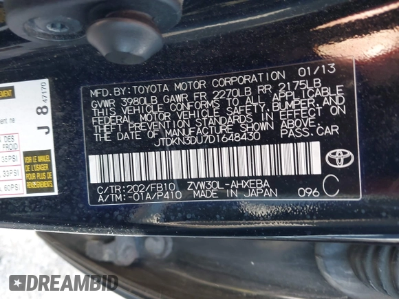 2013 Toyota Prius One with VIN JTDKN3DU7D1648430, listed as a IAAI auction lot 42036359 with 258,754 mi miles and . Bid and sale history available at DreamBid. Image 9.
