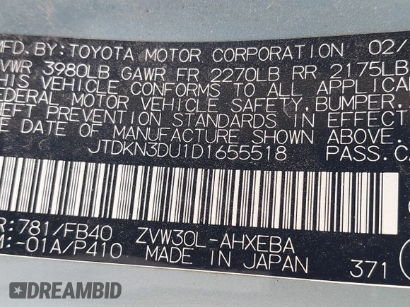 2013 Toyota Prius One z VIN JTDKN3DU1D1655518, wystawiony jako IAAI lot #42007815 z przebiegiem 182 854 mil mil oraz . Historia ofert i sprzedaży dostępna na DreamBid. Obrazek 9.